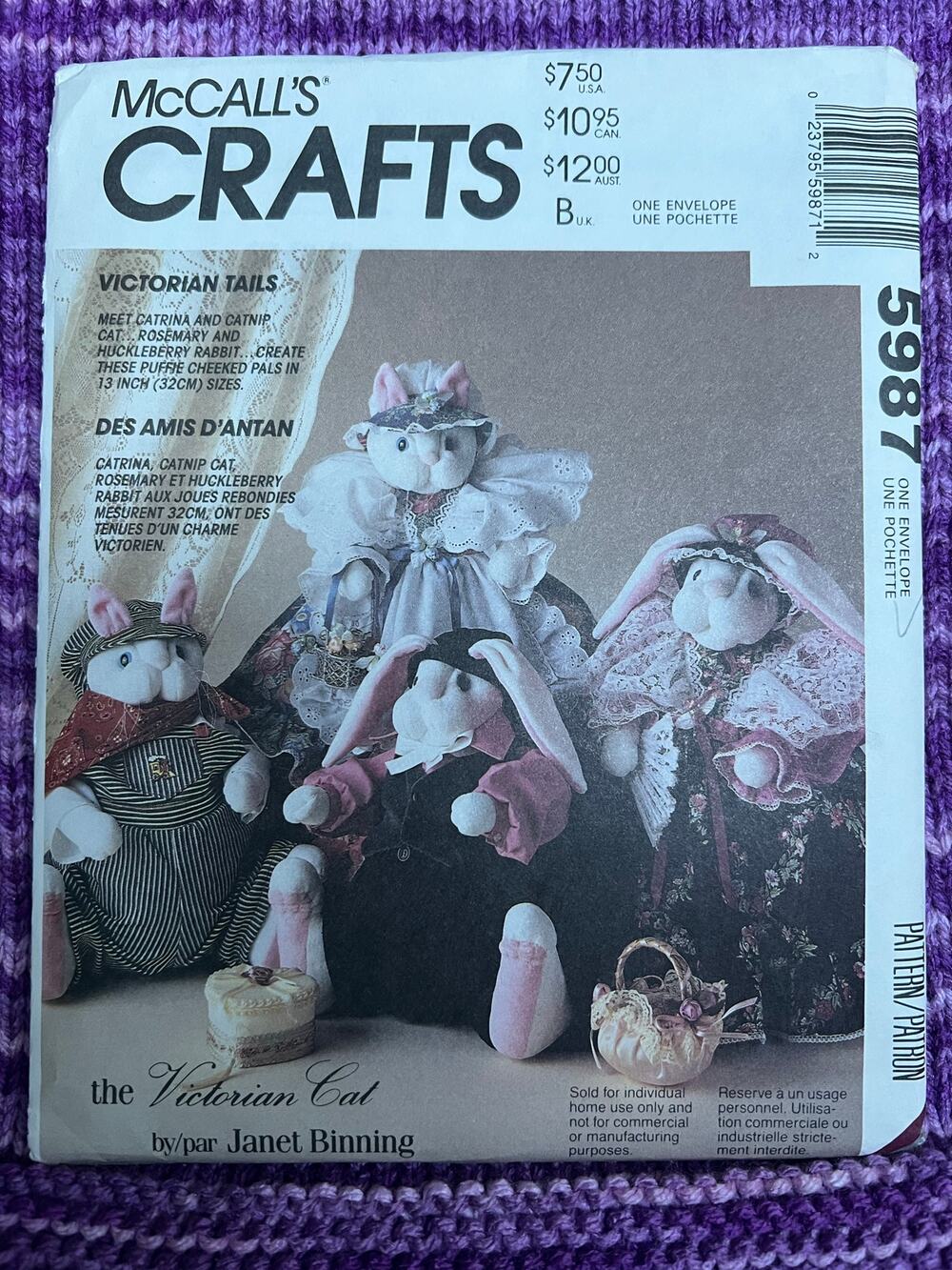 McCalls 5987 Sewing pattern victorian cat bunny clothes 1980s